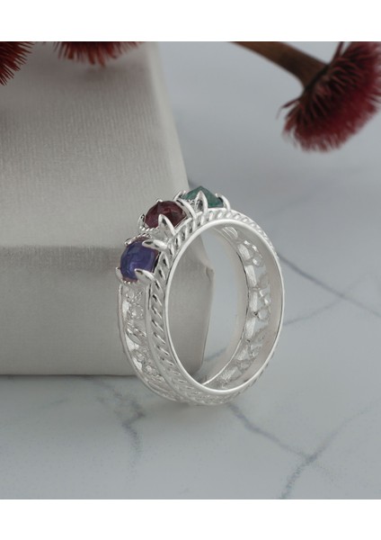 925 Ayar Otantik Telkari Sanatı Opak Yakut, Safir ve Zümrüt Alyans Kadın Gümüş Yüzük modelleri