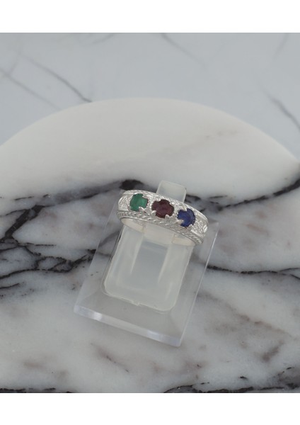 925 Ayar Otantik Telkari Sanatı Opak Yakut, Safir ve Zümrüt Alyans Kadın Gümüş Yüzük indirimleri