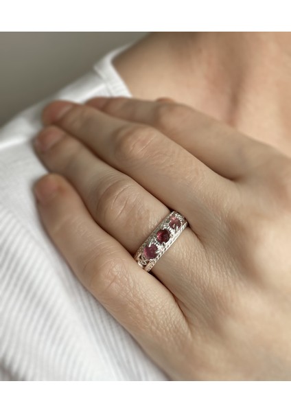 925 Ayar Otantik Telkari Doğal Turmalin Taşlı 3 Taşlı Alyans Kadın Gümüş Yüzük modelleri