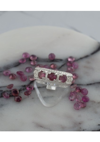 925 Ayar Otantik Telkari Doğal Turmalin Taşlı 3 Taşlı Alyans Kadın Gümüş Yüzük fırsatları