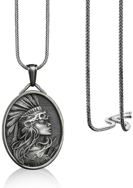 Kızılderili Kadın Madalyon Gümüş Kolye