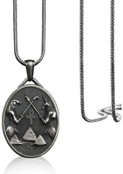Horus ve Anubis Madalyon Gümüş Kolye