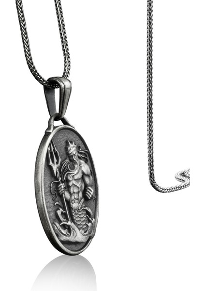 Poseidon ve Mızrağı Madalyon Gümüş Kolye