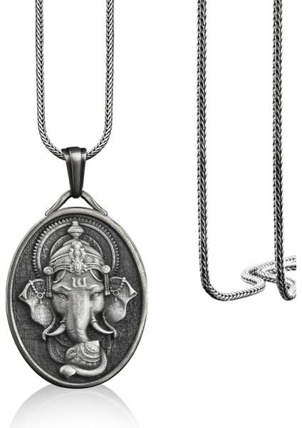 Hindu Tanrısı Ganesh Madalyon Gümüş Kolye