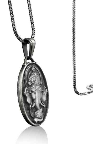 Hindu Tanrısı Ganesh Madalyon Gümüş Kolye