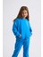 Organik Kapüşonlu Uzun Kollu Kız Çocuk Sweatshirt - Mavi - 10-12 5