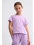 Organik Kısa Kollu Kız Çocuk Crop Tişört - Lila - 8-10 5