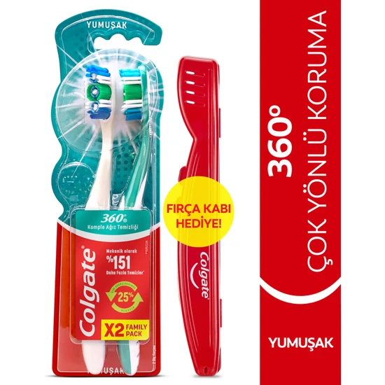 Colgate 360 Komple Ağız Temizliği Çok Yönlü Koruma Yumuşak Diş Fırçası 1+1 Fırça Kabı