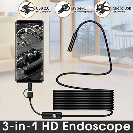 XMarket Endoskop 3 In 1 Yılan Kamera USB Micro USB Type-C Uyumlu 15M