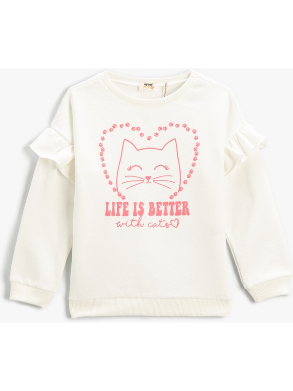 Koton Sweatshirt Fırfırlı Uzun Kollu Baskılı Bisiklet Yaka