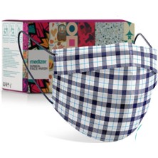 Medizer Mavi Çizgi Ekose Desenli Meltblown Kumaş Full Ultrasonik 3 Katlı Cerrahi Maske - Burun Telli