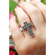 Fildişi Aksesuar Antik Gümüş Kaplama Haç Şekilli El Yapımı Ayarlanabilir Unisex Yüzük