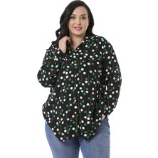 Disentis Modest Büyük Beden Katlamalı Kollu Sahte Cep Kapaklı Desenli Siyah Kadın Gömlek