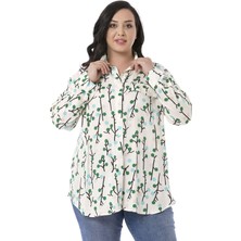 Disentis Modest Büyük Beden Katlamalı Kollu Sahte Cep Kapaklı Desenli Ekru Kadın Gömlek