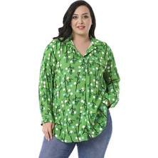 Disentis Modest Büyük Beden Katlamalı Kollu Sahte Cep Kapaklı Desenli Yeşil Kadın Gömlek