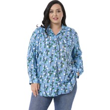 Disentis Modest Büyük Beden Katlamalı Kollu Sahte Cep Kapaklı Desenli Mavi Kadın Gömlek