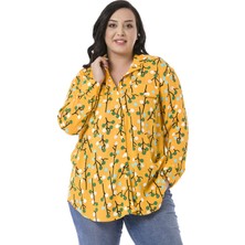 Disentis Modest Büyük Beden Katlamalı Kollu Sahte Cep Kapaklı Desenli Hardal Kadın Gömlek