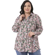 Disentis Modest Büyük Beden Katlamalı Kollu Sahte Cep Kapaklı Desenli Pudra Kadın Gömlek