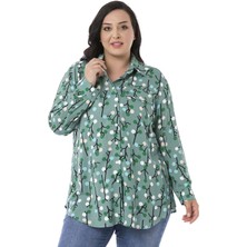 Disentis Modest Büyük Beden Katlamalı Kollu Sahte Cep Kapaklı Desenli Mint Yeşili Kadın Gömlek