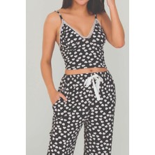 Siyah Renk Kalp Desenli Lady 12533 Kısa Kol Pijama Takımı;