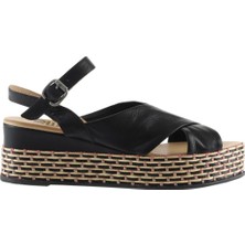 Bueno Shoes Siyah Sole Deri Kadın Dolgu Topuklu Sandalet