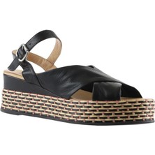 Bueno Shoes Siyah Sole Deri Kadın Dolgu Topuklu Sandalet