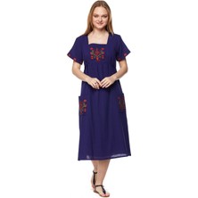 Newbutix Şile Bezi Mor Kısa Kollu Nakışlı Elbise