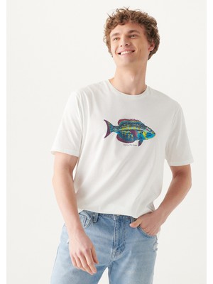 Mavi Balık Baskılı Bej Tişört