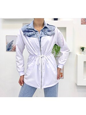 Derin Boutique Kadın Mevsimlik Baharlık Çıtçıtlı Fermuarlı Cepli Gömlek Yaka Bel Bağcık Jean Yağmurluk Parçalı