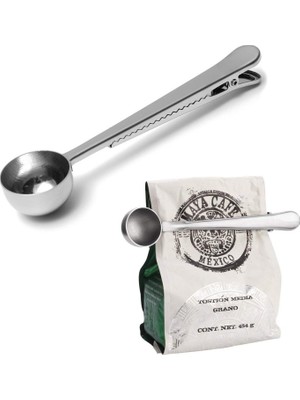 Epazzar 2 Adet Kahve Ölçü Kaşığı ve Paket Klipsi Paslanmaz Çelik Çok Fonksiyonlu Kaşık 2 Adet  Gri Gümüş