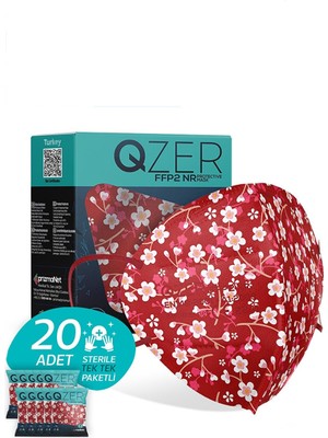 Medizer Qzer Kırmızı Çiçek Desenli Ffp2 N95 Maske 5 Katmanlı