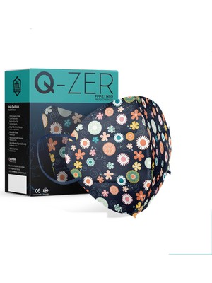 Qzer Lacivert Çiçek Desenli Ffp2 N95 Maske Meltblown Katmanlı