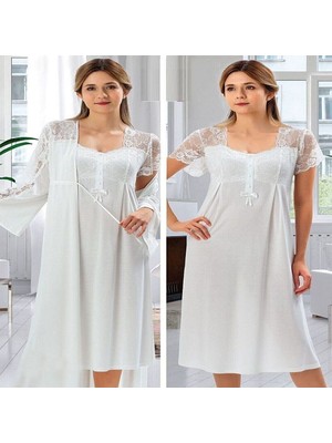 Duchesse Hamile Lohusa Sabahlıklı Gecelik Takım Ekru Dantel Detaylı Şık Tasarım