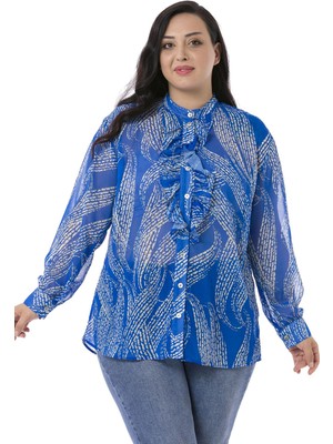 Disentis Modest Büyük Beden Yakası Volanlı Manşetli Şifon Saks Mavi Gömlek