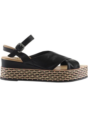 Bueno Shoes Siyah Sole Deri Kadın Dolgu Topuklu Sandalet