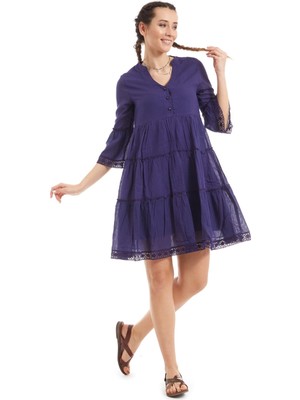 Newbutix Kısa Kollu Mor Düğmeli Elbise