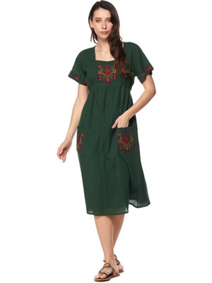 Newbutix Şile Bezi Yeşil Kısa Kollu Nakışlı Elbise