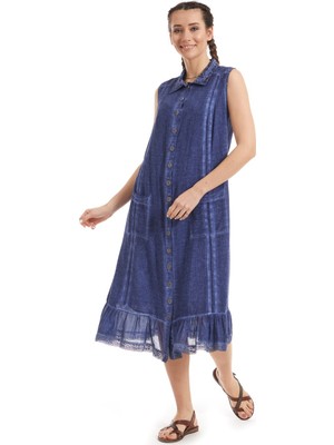 Newbutix Şile Bezi Indigo Kolsuz Yakalı Elbise