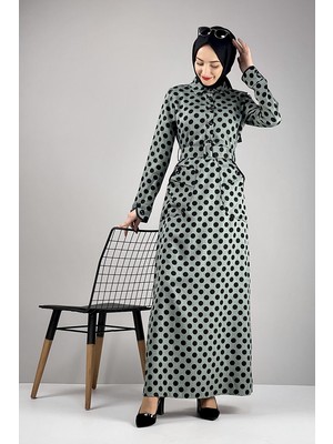 Moda Çizgi Kemerli Puantiyeli Tesettür Elbise Çağla Yeşili