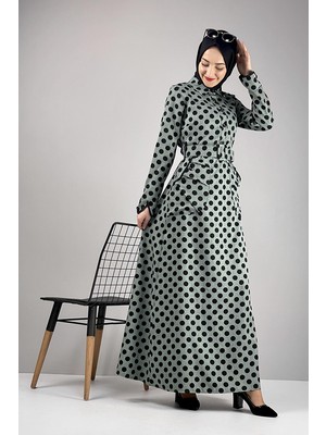 Moda Çizgi Kemerli Puantiyeli Tesettür Elbise Çağla Yeşili