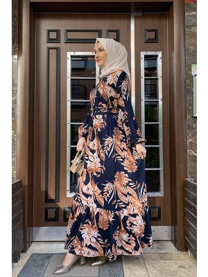 Moda Çizgi Palmiye Desenli Elbise Lacivert