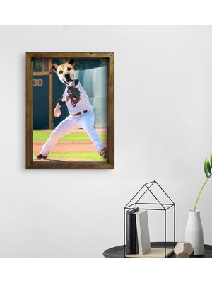 BK Evcil Dostlara Özel Beyzbol Oyuncusu Tasarımlı Portre Doğal Masif Ahşap Çerçeveli Tablo 45X65CM-5