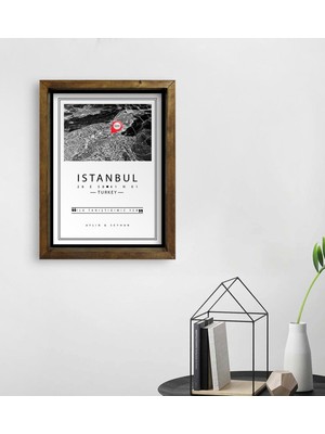 BK Kişiye Özel Siyah Beyaz Istanbul Haritası Tasarımlı Doğal Masif Ahşap Çerçeveli Tablo 45X65CM-1