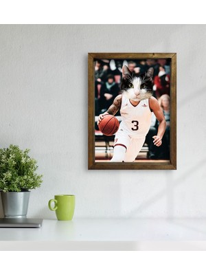 BK Evcil Dostlara Özel Basketbol Oyuncusu Tasarımlı Portre Doğal Masif Ahşap Çerçeveli Tablo 30X40CM-2