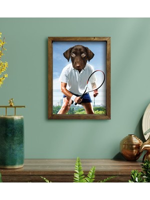 BK Evcil Dostlara Özel Tenis Oyuncusu Tasarımlı Portre Doğal Masif Ahşap Çerçeveli Tablo 30X40CM-3
