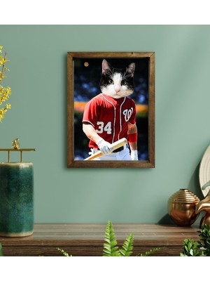 BK Evcil Dostlara Özel Beyzbol Oyuncusu Tasarımlı Portre Doğal Masif Ahşap Çerçeveli Tablo 30X40CM-8