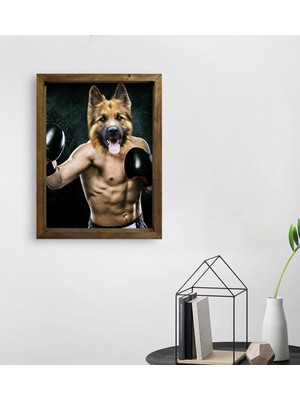 BK Evcil Dostlara Özel Boksör Tasarımlı Portre Doğal Masif Ahşap Çerçeveli Tablo 45X65CM-3