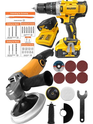 Bulldozer Taşlama Polisaj Zımpara Makinesi ve Xfuel 36V 5AH Darbeli Çift Akülü Matkap