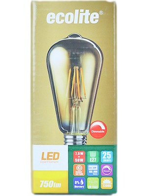 Ecolite 7,5W 220-240V 750LM 2200K E27 ST64 Gold Cam Dimli LED Flamanlı Rustik Ampul