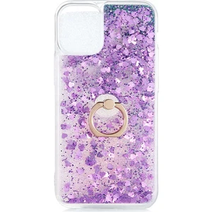 Apple iphone 11 Pro Max Kılıf Pullu Sulu Yüzüklü Kalp Simli Standlı Silikon Milce Kapak Luxury